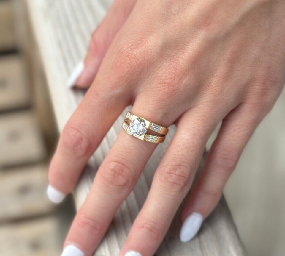 Diamond Engagement Ring 18k Yellow Gold 2.6ct RBC Size 6.5 shown worn