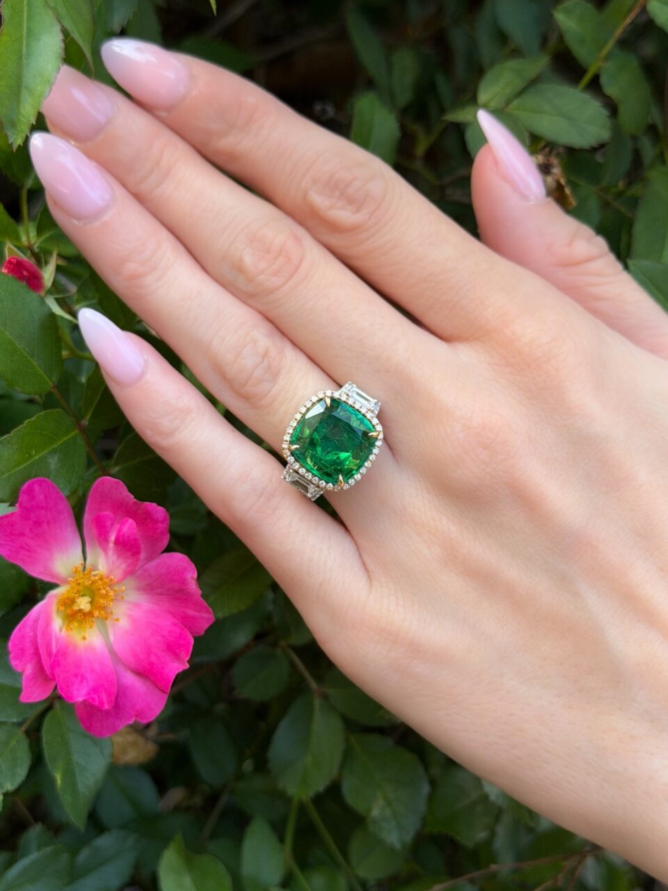 18k Gold 8.3ct Natural Emerald Diamond Halo Cocktail Ring Size 6 AGL Cert shown worn