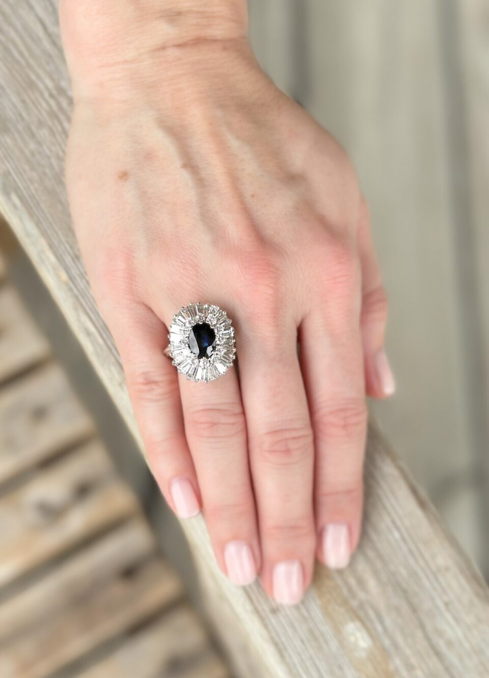Vintage Sapphire Diamond Ballerina Ring 14k White Gold 7ct Halo Blue Sz 9 shown worn