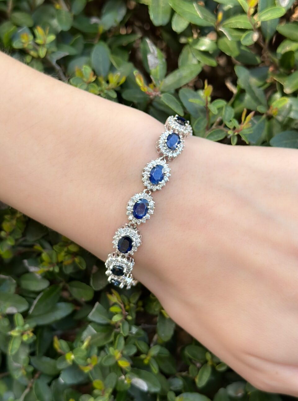 14k White Gold 16cttw Natural Sapphire Diamond Halo Tennis Bracelet 7.25" shown worn