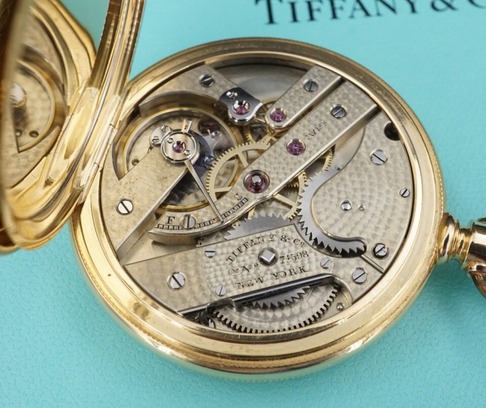 1920s Solid 18k Yellow Gold Tiffany & Co Pocket Watch New York Winds & Runs shown worn