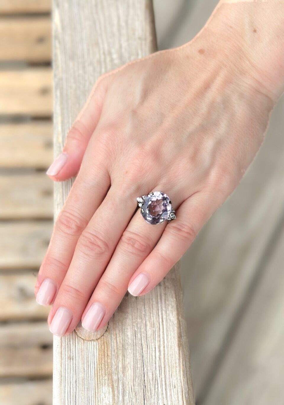 Morganite Diamond Cocktail Ring White Gold Statement Size 5 shown worn