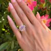 18k Pink Sapphire Diamond Halo Engagement Ring Tri Gold Size 7 shown worn