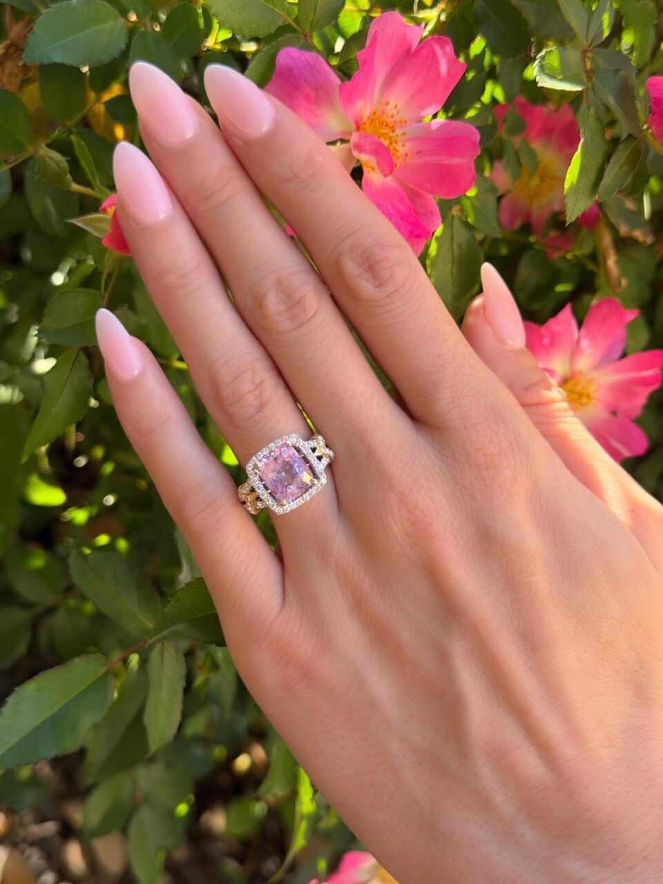 18k Pink Sapphire Diamond Halo Engagement Ring Tri Gold Size 7 shown worn