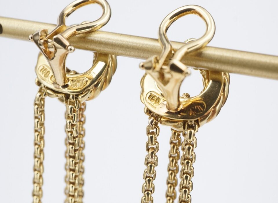 Gold Diamond Dangle Drop Earrings David Yurman shown worn