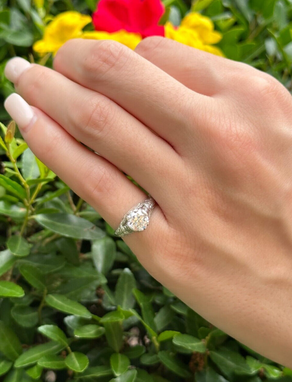 Vintage 1930s Platinum Diamond Ring Engagement 1 carat Euro Cut OEC shown worn