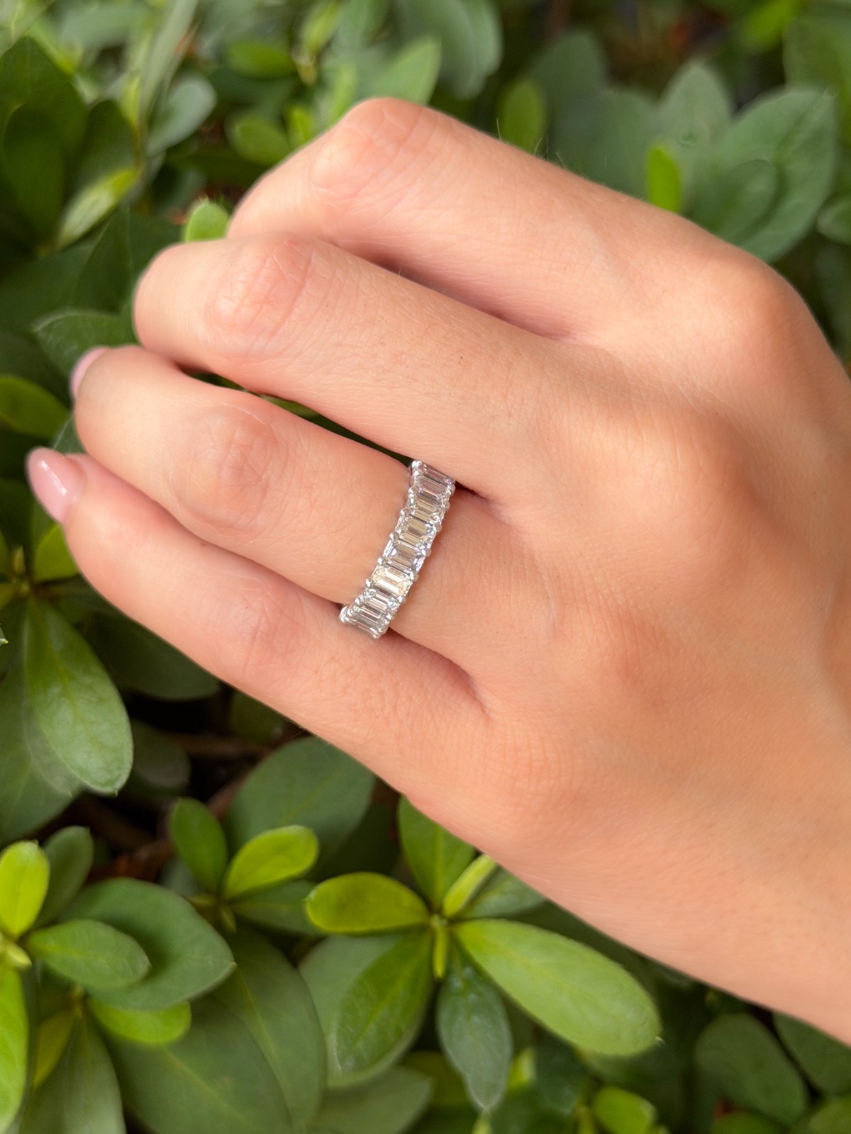 Platinum 4 ctw Emerald Cut Diamond Eternity Band Ring Size 5 Anniversary shown worn