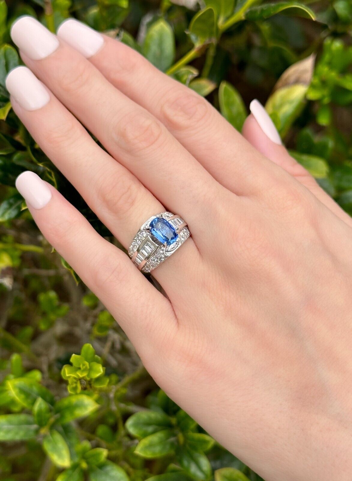 14k Natural Blue Sapphire Diamond Cocktail Ring White Gold Size 5 Vintage shown worn, view 3
