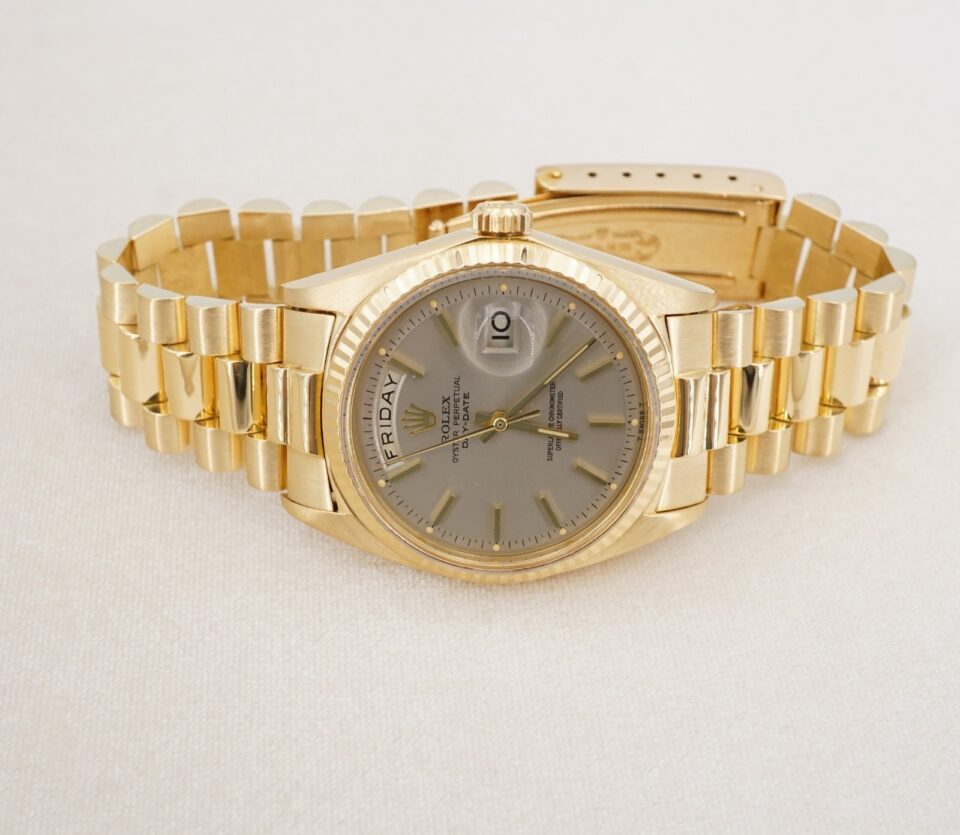 Rolex President Day-Date 18k Yellow Gold Mens 36mm 1803 Non-Quick 1969 shown worn
