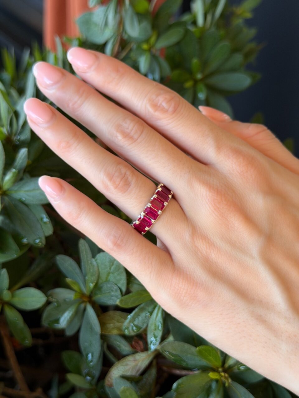 Ruby Eternity Band Stacker Ring 8.7ctw Emerald Platinum Size 6.5 Wide shown worn