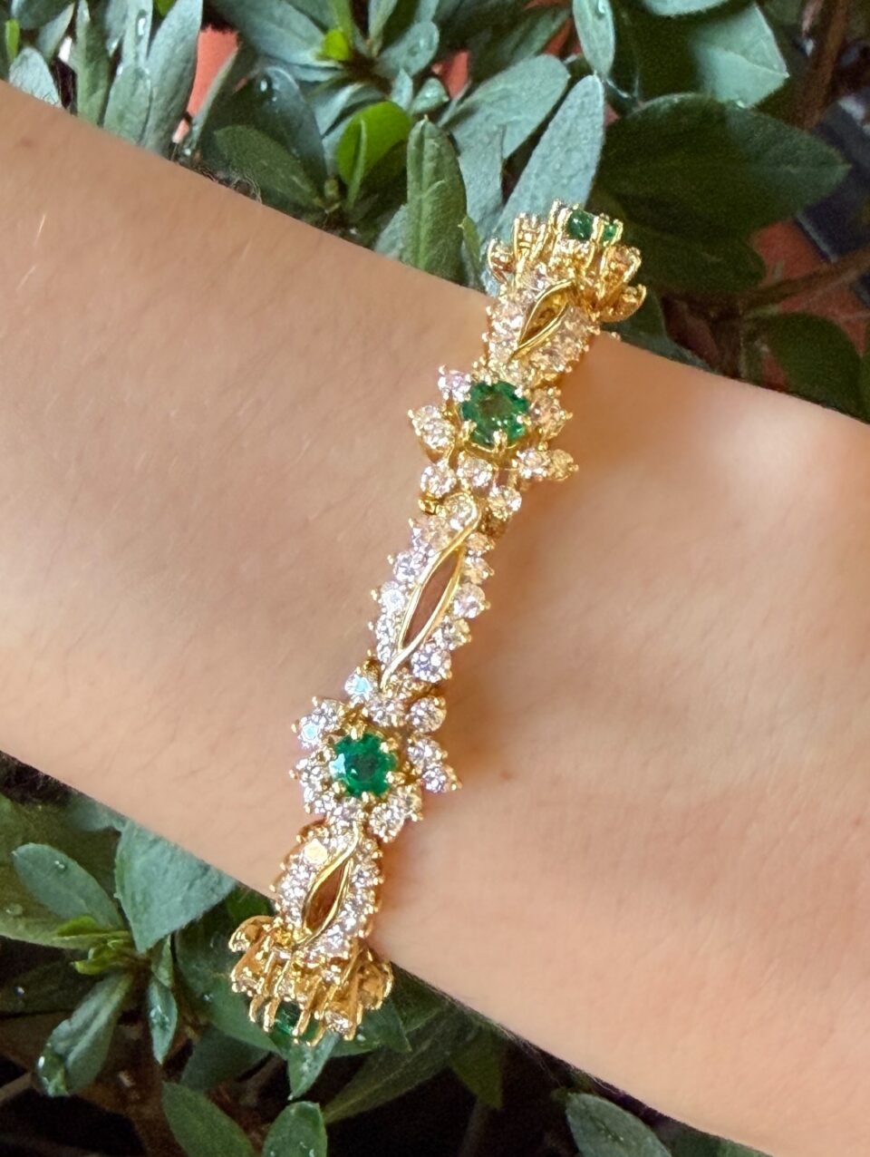 Natural Emerald & Diamond Bracelet 18k Yellow Gold 11 carats 6.5" Estate shown worn