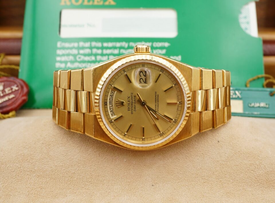 Rolex President Oysterquartz Day-Date 18k Mens 36mm 19018 1979 Full Set shown worn