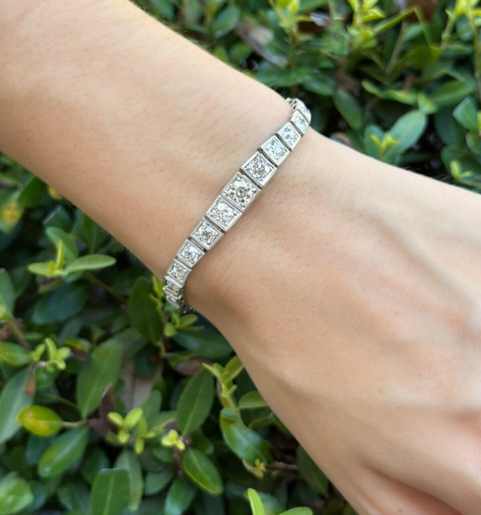 Antique Platinum 7 ctw Graduated Diamond Tennis Bracelet 7" Mine Cut shown worn