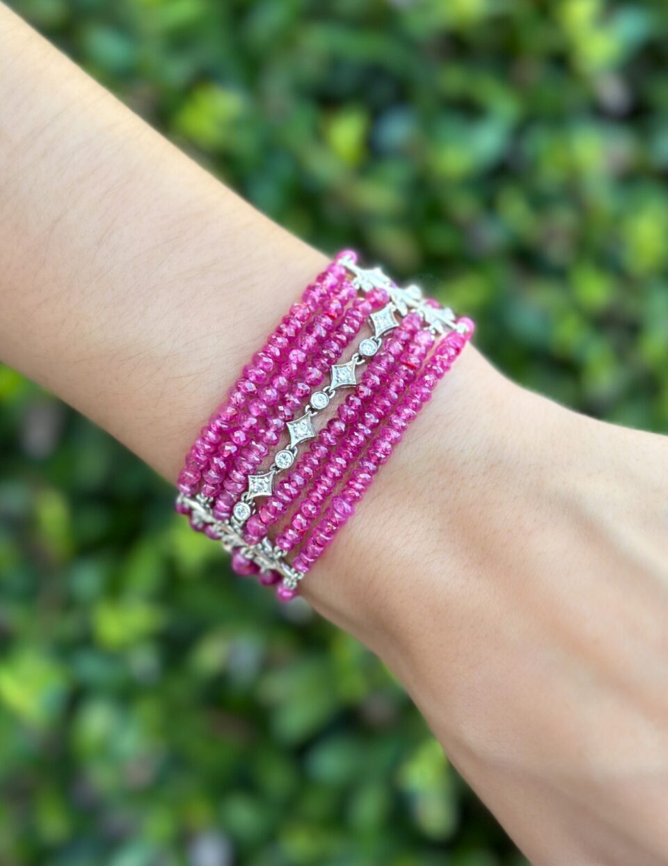 Cathy Waterman Platinum 7-Strand Floral Diamond Ruby Bead Bracelet 6.25" shown worn