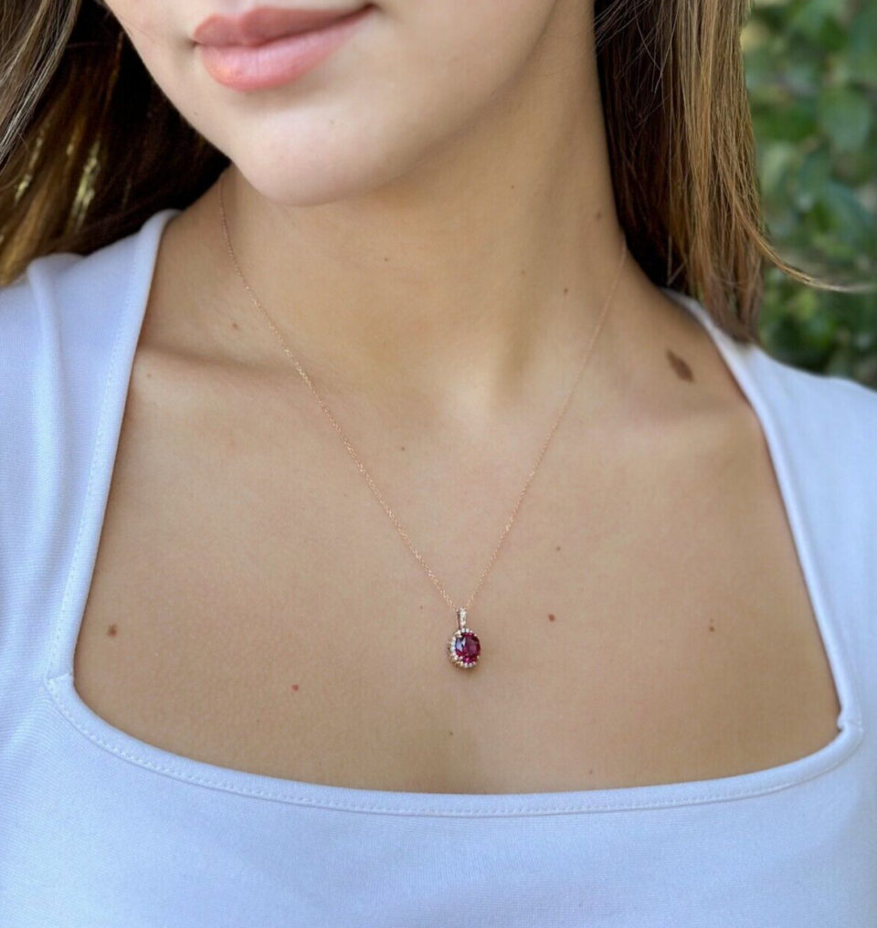 14k Rose Gold Natural Pink Sapphire Diamond Halo Pendant Necklace 16-18" shown worn