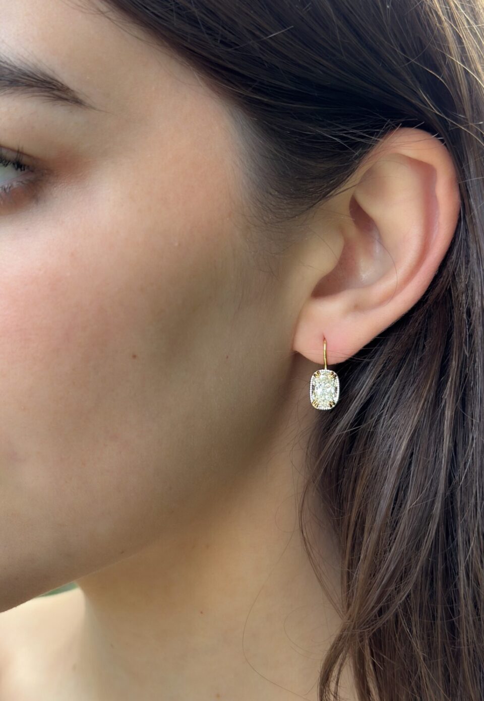 Antique Cushion Cut Diamond Earrings 4.2 carat 18k Gold Platinum 3/4" shown worn