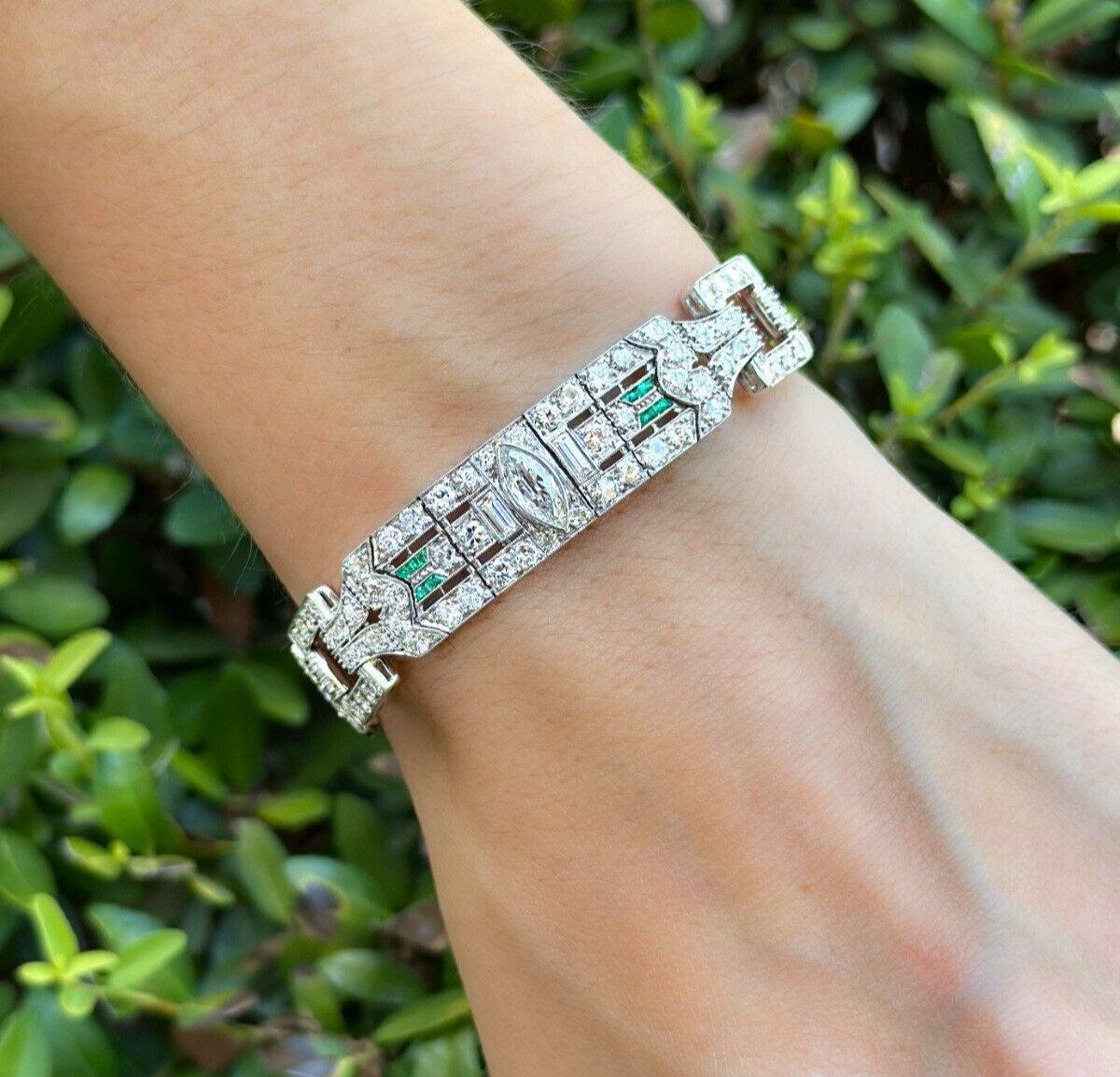 Antique Art Deco Diamond Bracelet Platinum 14 carat Emerald 7.25" shown worn