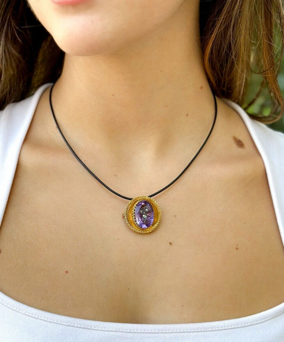 Antique 18k 14k Gold Diamond Amethyst Inlay Pendant Brooch 1" shown worn