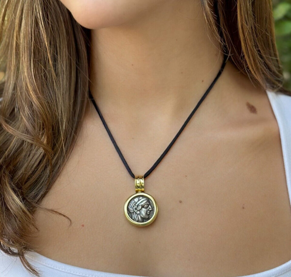 18k Gold Pendant Ancient Silver Coin Attica Tetradrachm Athena Owl 440BC shown worn