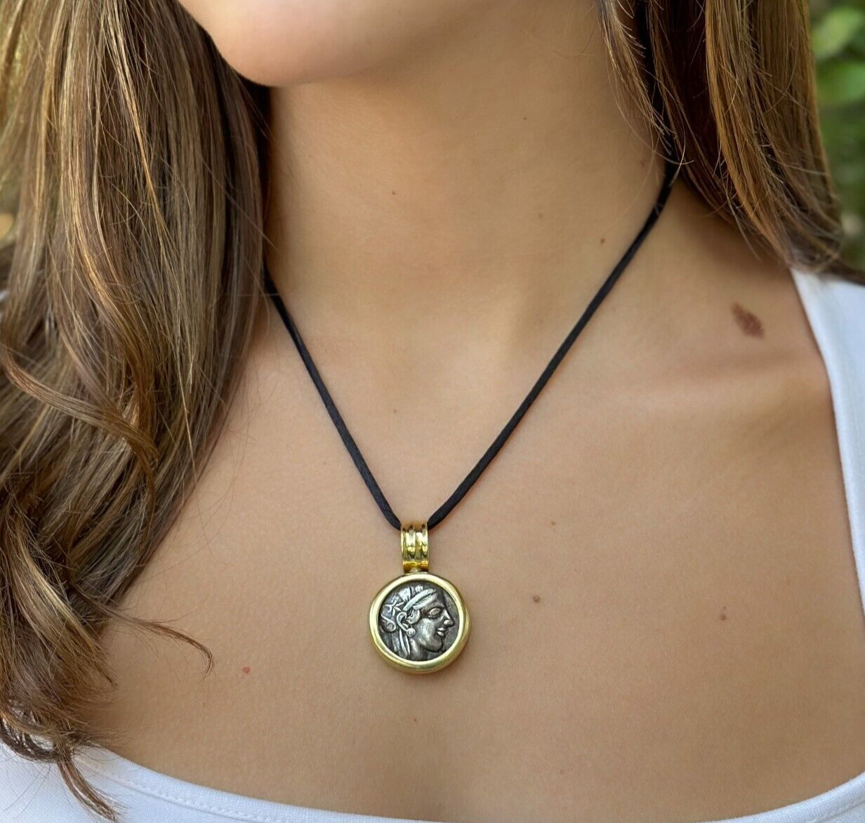 18k Gold Pendant Ancient Silver Coin Attica Tetradrachm Athena Owl 440BC shown worn