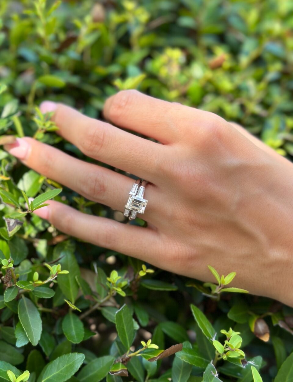 Platinum 2.5ct Emerald Cut Diamond Engagement Bridal Set GIA Sz 5.25 shown worn