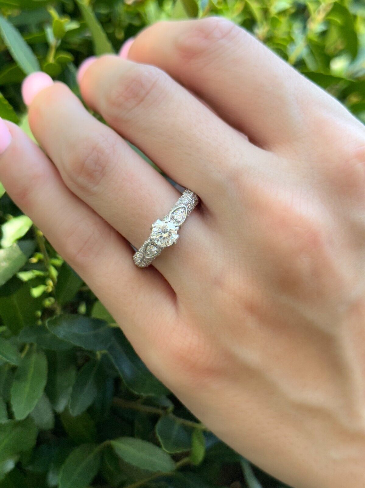 1.5ct Diamond Pave Engagement Ring Euro Shank Palladium Size 7.25 Unique shown worn