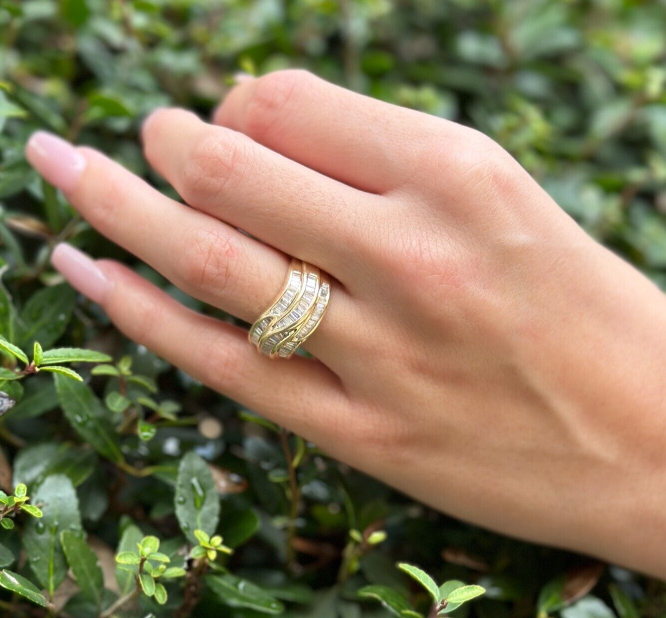 Vintage 14k Gold 3ctw Baguette Diamond Crossover Ring Size 8 IGRB shown worn