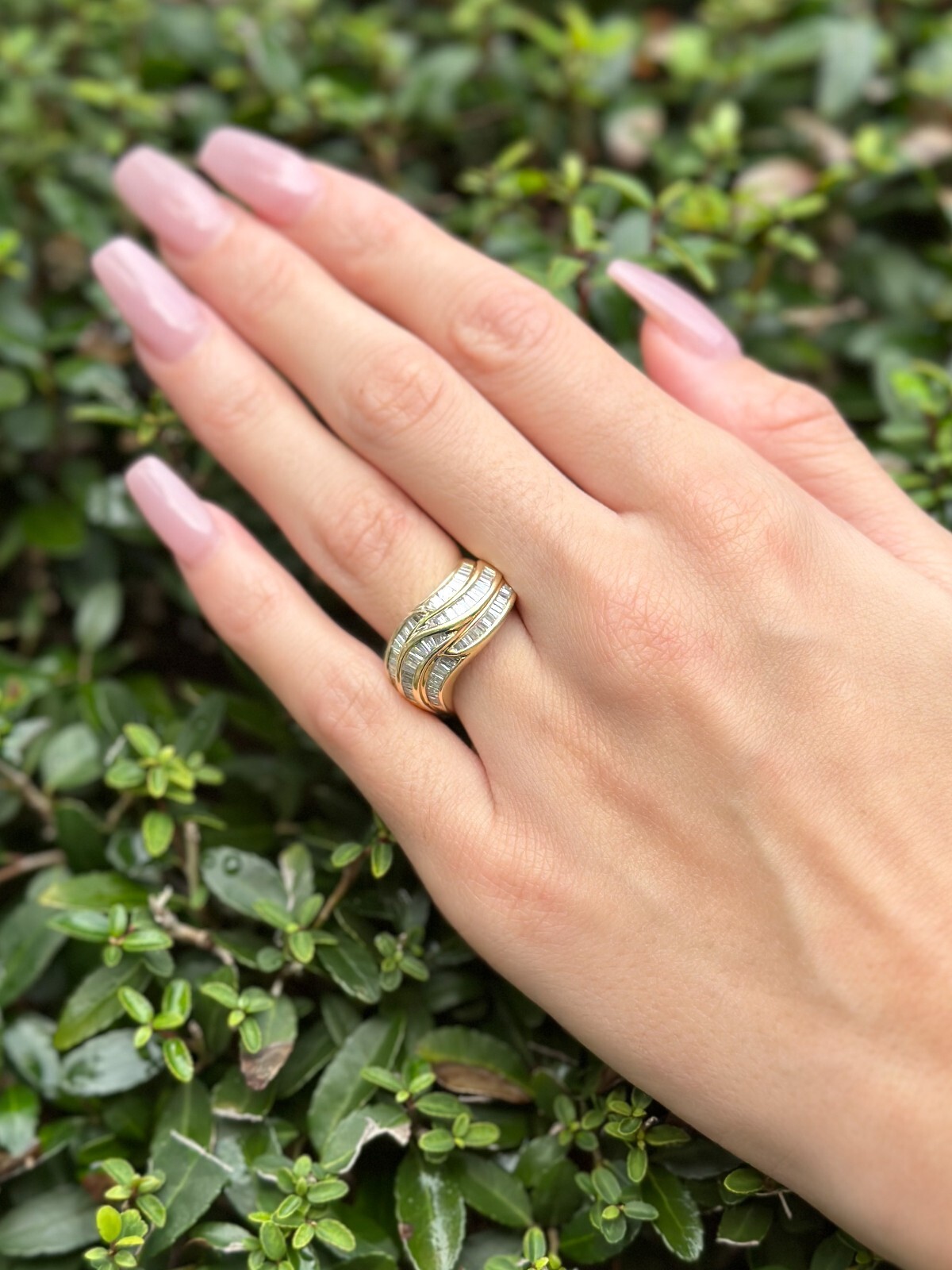 Vintage 14k Gold 3ctw Baguette Diamond Crossover Ring Size 8 IGRB, view 3
