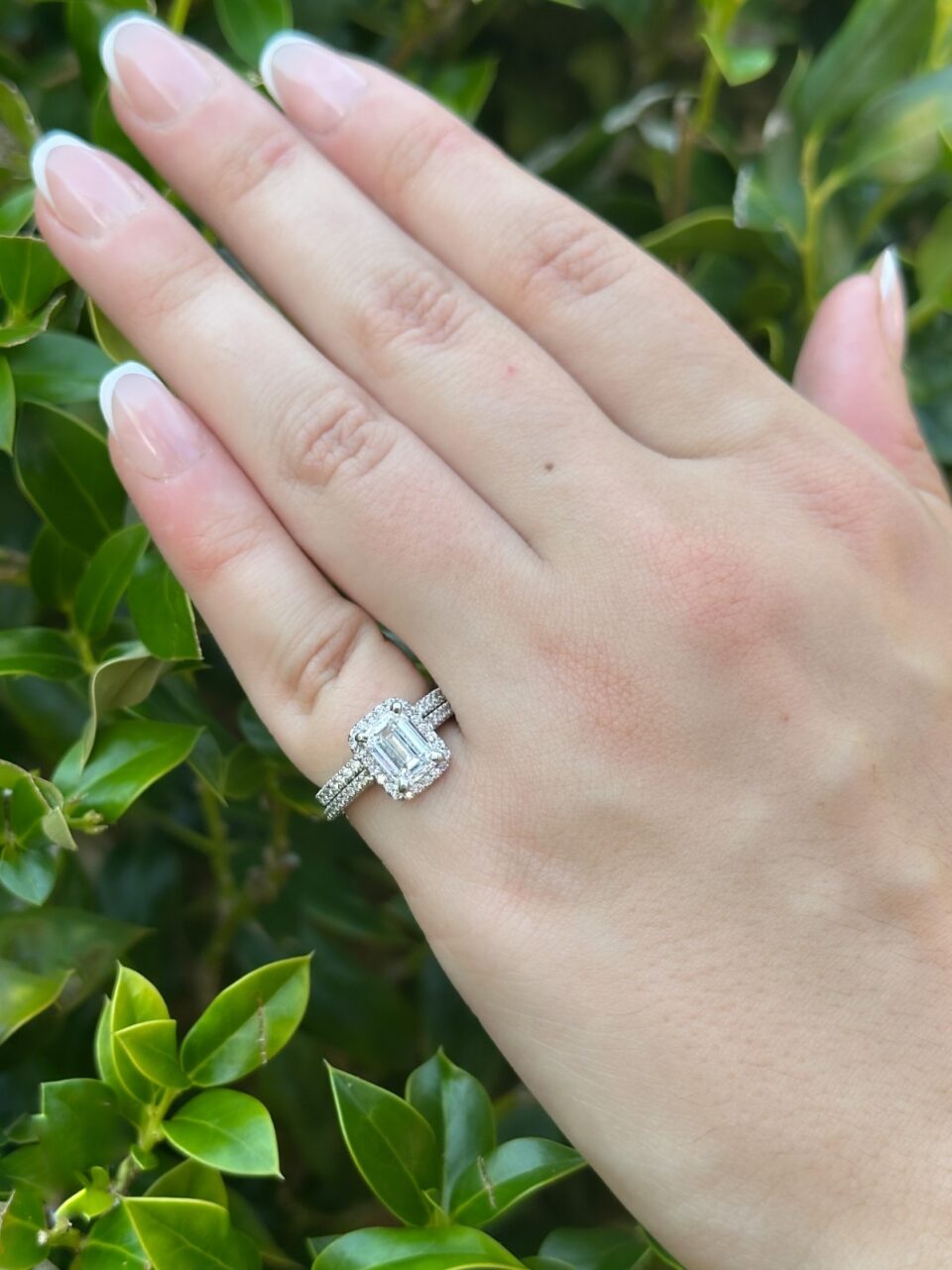 1.7ct Emerald Cut Diamond Halo Engagement Ring Size 5 Platinum D VS2 GIA shown worn