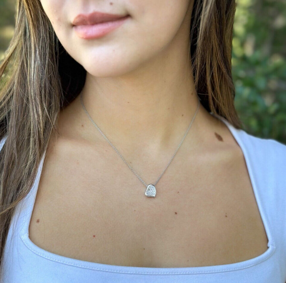 Tiffany Diamond Peretti Full Heart Necklace Pave Platinum 16" Box shown worn