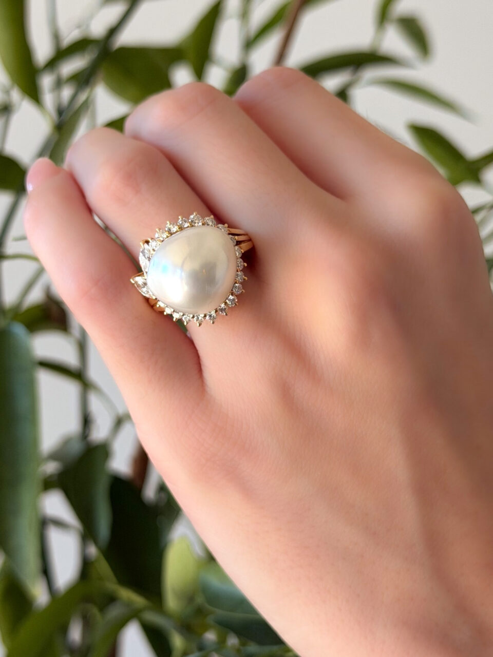 18k Gold Mikimoto 16mm Baroque South Sea Pearl Diamond Halo Ring Sz 5.75 shown worn