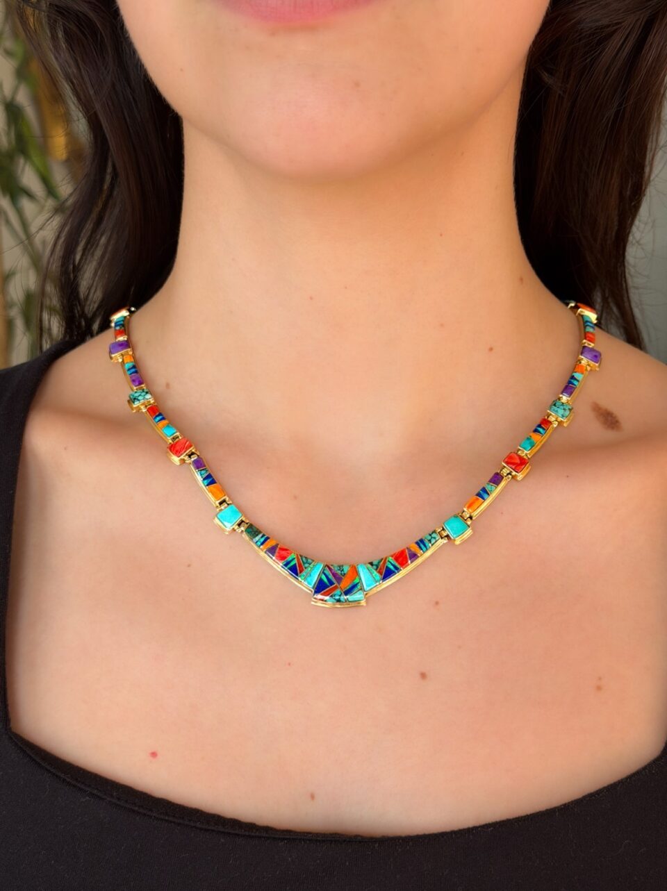 Calvin Begay 14K Gold Navajo Inlay Necklace Turquoise Coral Opal 18" shown worn