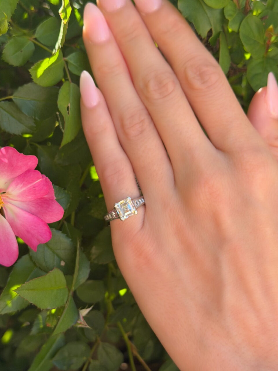 Platinum Asscher Diamond Engagement Ring 2.07 ct H IF GIA Flawless shown worn