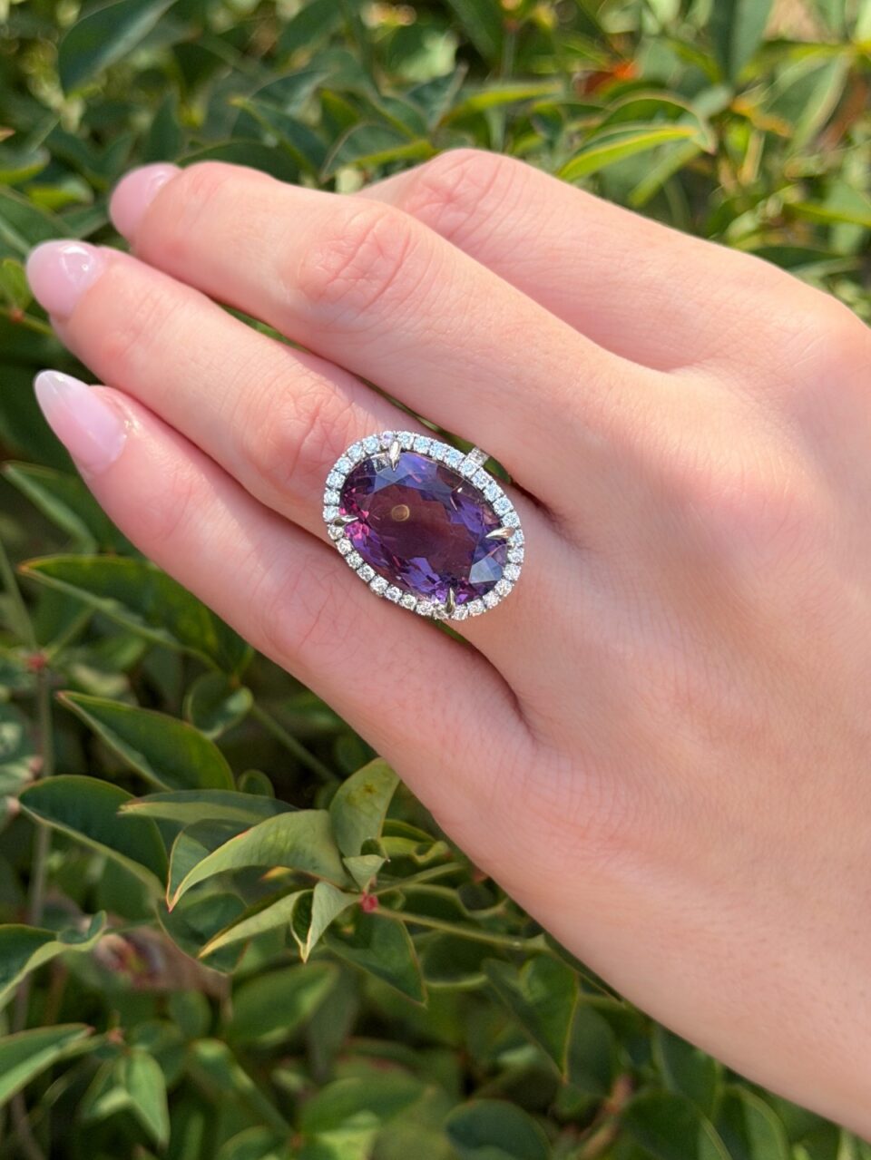 14k Amethyst Diamond Halo Ring Cocktail White Gold Size 6.5 Statement shown worn