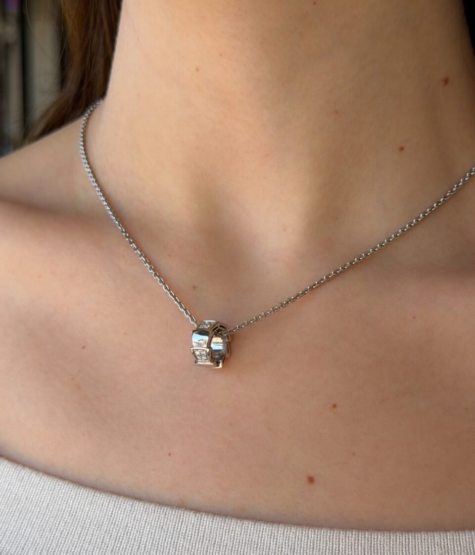 Bvlgari Diamond Serpenti Viper 18k White Gold Pendant Necklace 18" shown worn