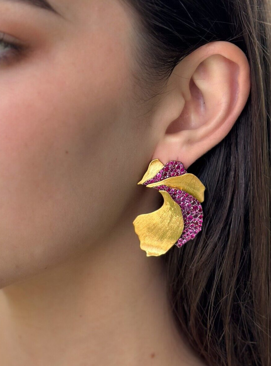 Ruby Statement Earrings Anuj Shah 18k Yellow Gold Pave Petal 1.75" 4ct shown worn