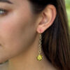 Prototype Jean Mahie 9k Yellow Gold Green Spinel Drop Hook Earrings 2.5" shown worn