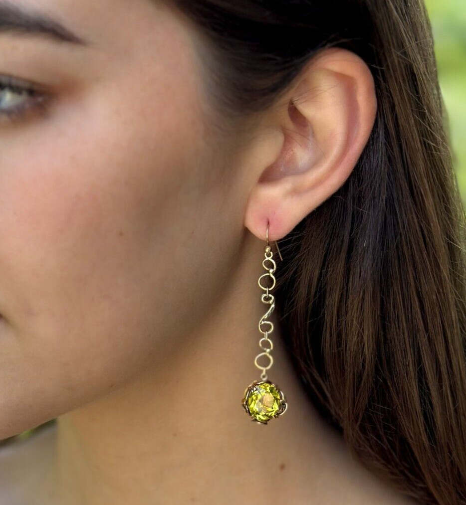 Prototype Jean Mahie 9k Yellow Gold Green Spinel Drop Hook Earrings 2.5" shown worn
