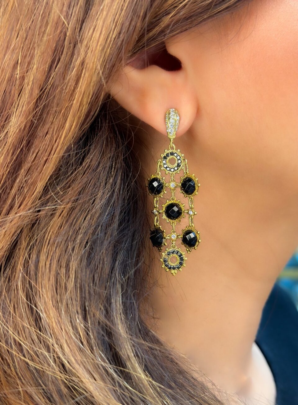 1.5ct Judith Ripka 18k Yellow Gold White Black Diamond Dangle Earrings shown worn