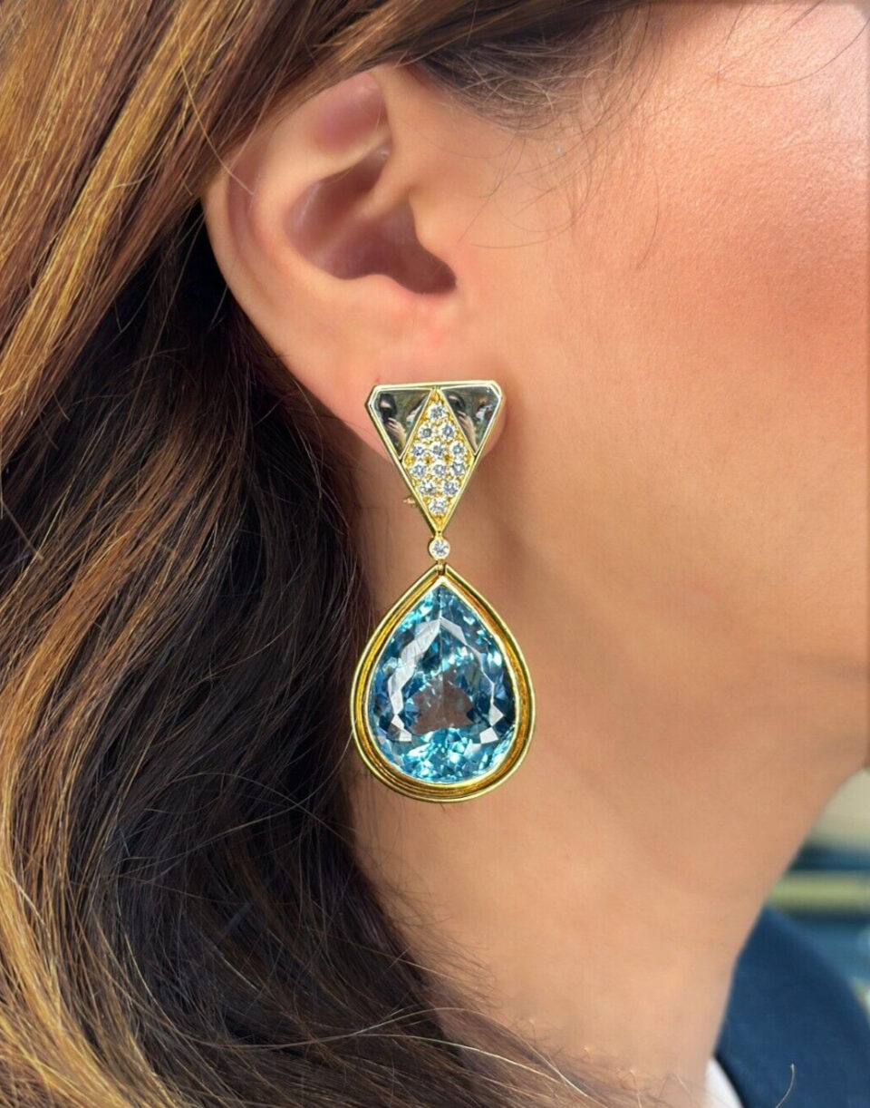Signed Antoniazzi Chiappe 18k Gold 135ct Blue Topaz Diamond Earrings 2.25 shown worn