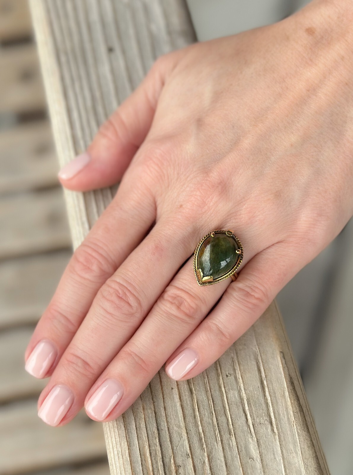 Vintage Ming's Jade Ring Bi-Color 14k Yellow Gold Size 5.5 13mm shown worn