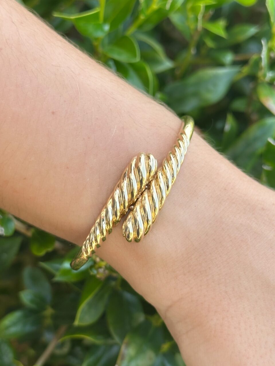 Tiffany & Co. 14k Yellow Gold Bypass Bangle Bracelet 6.5" Hinge Retired shown worn