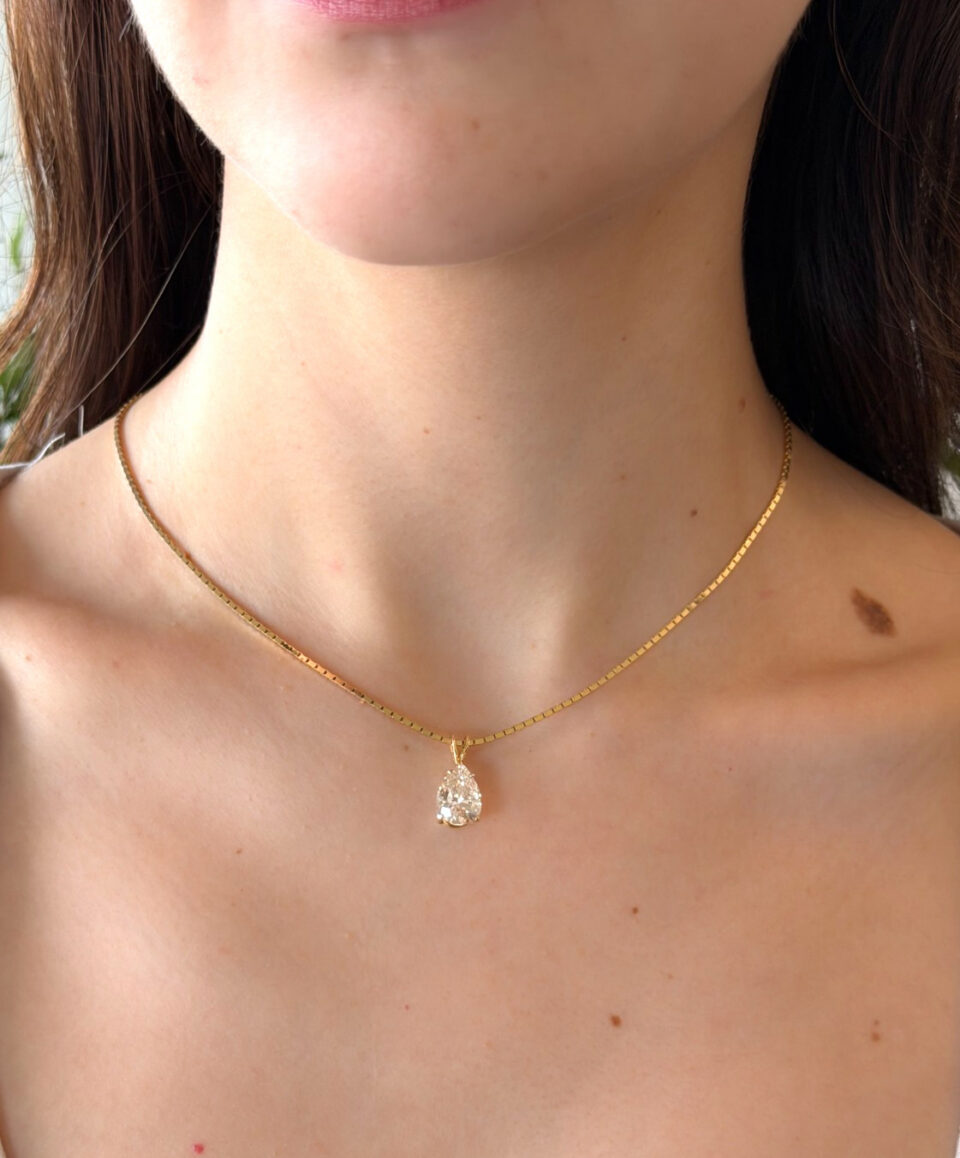 14k 2.7ct Natural Pear Diamond Solitaire Pendant Necklace Yellow Gold 16" shown worn