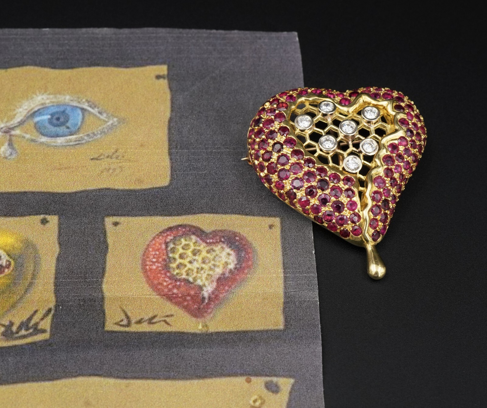 Henryk Kaston for Salvador Dalí Ruby and Diamond Honeycomb Heart Brooch, view 3