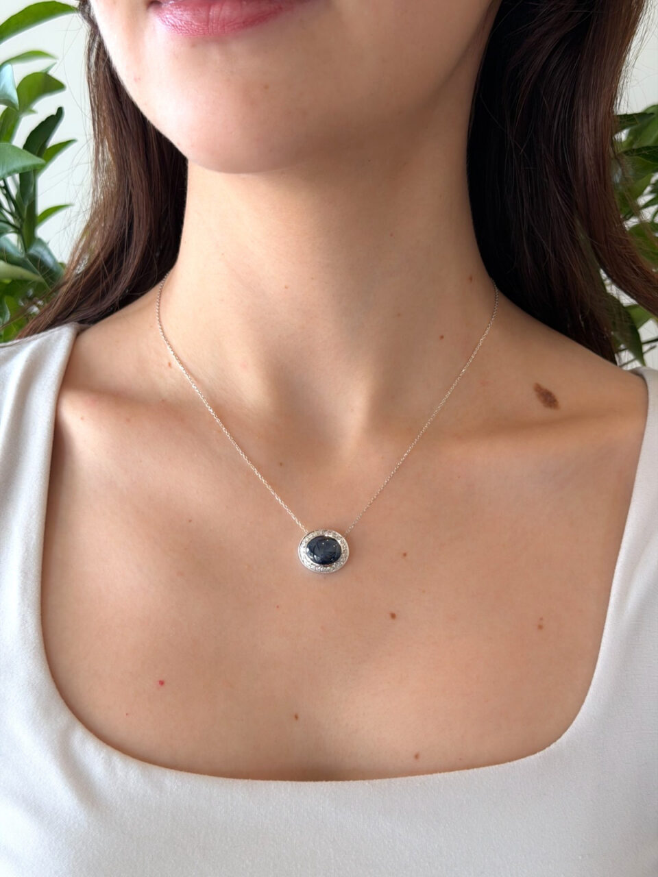 14k Blue Star Sapphire Diamond Halo Pendant Necklace 16" Gold Natural shown worn