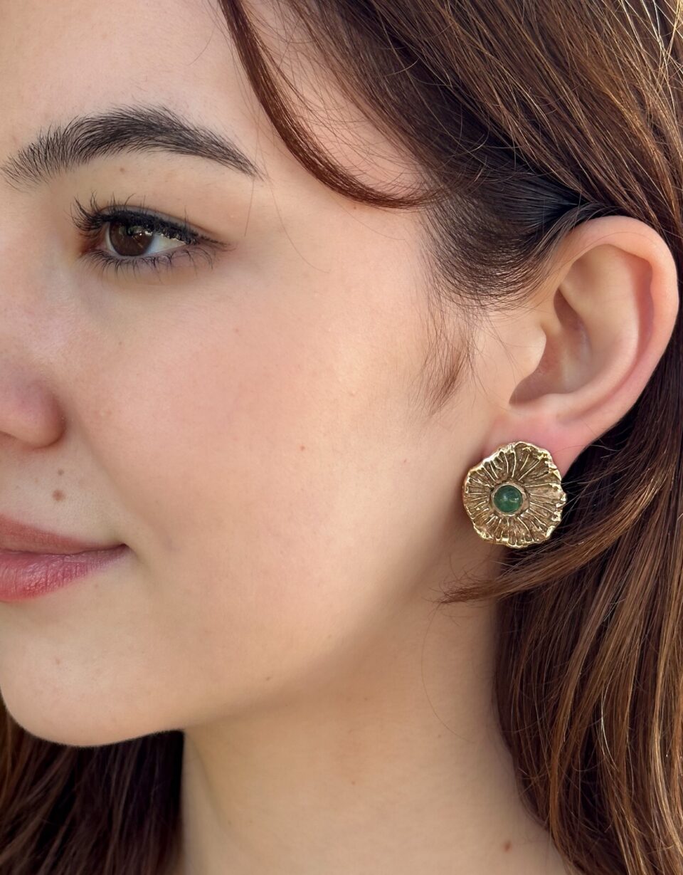 Arthur King 14k Yellow Gold Emerald Earrings 1" Brutalist Clip Designer shown worn