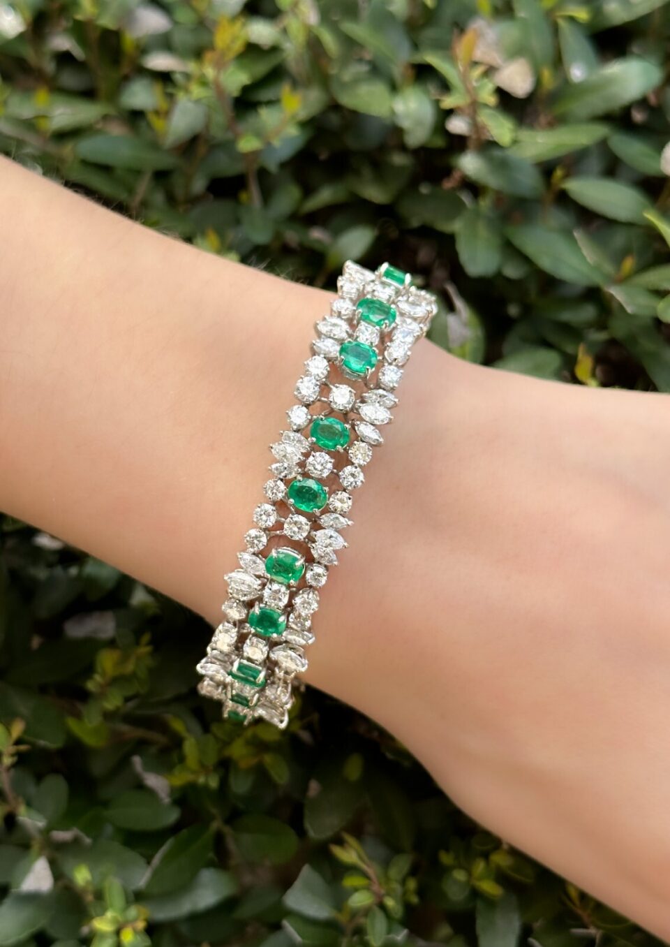 Natural Emerald and Diamond Bracelet 18k White Gold 26 carats 7" shown worn