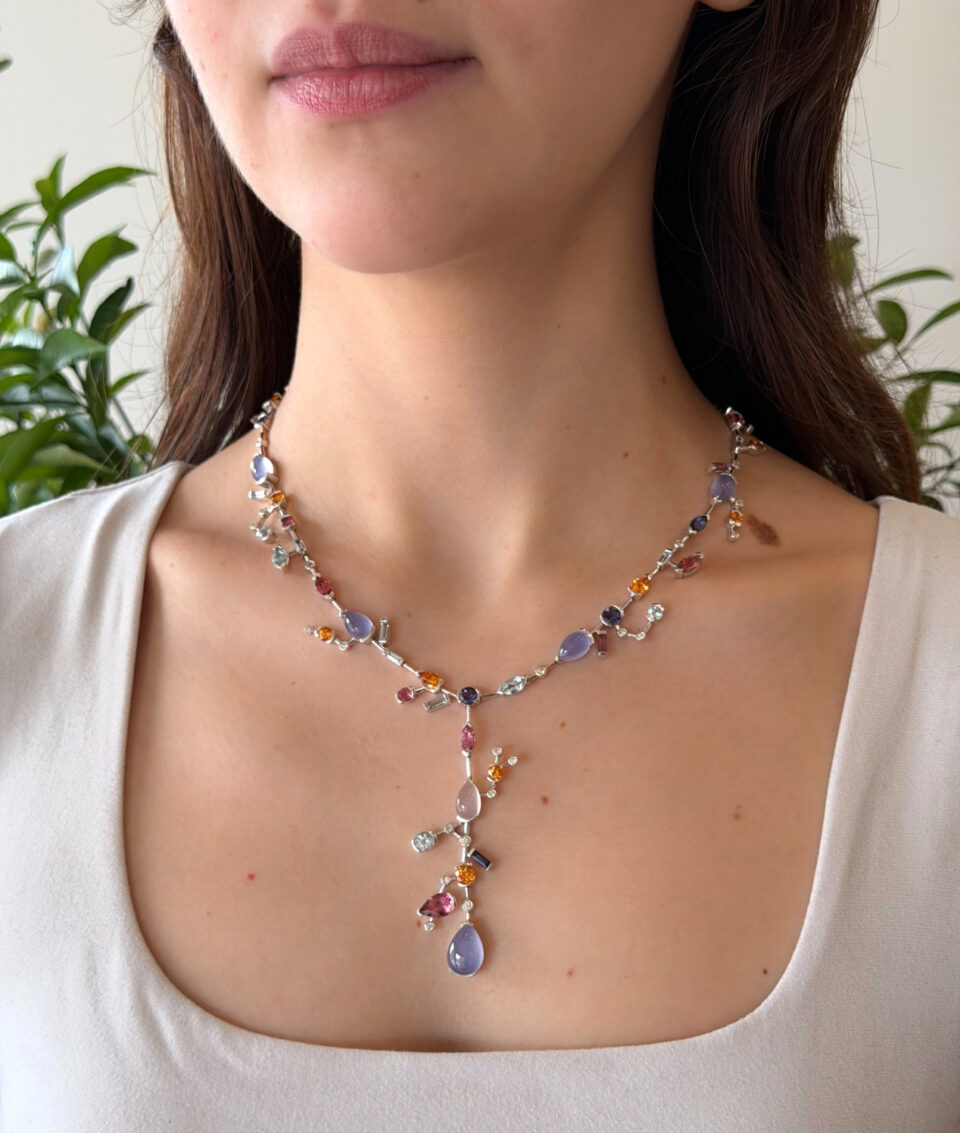 18k Meli Melo Multi-Gem Station Necklace Moonstone Diamond White Gold shown worn