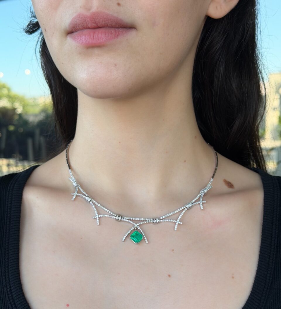 Vintage 2.5ct Colombian Emerald Diamond Bib Necklace 14k White Gold 16" shown worn