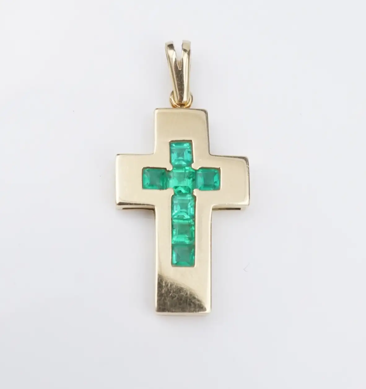 Vintage Handmade Emerald Cross Pendant, 18k Yellow Gold, view 1